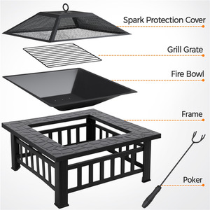 Square Metal Fire Pit with Cover and Poker - Black by Yaheetech