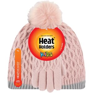 Heat Holders Girls Thermal Insulated Bobble Beanie Hat and Gloves - Pink by Heat Holders