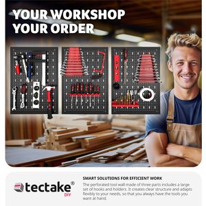 Pegboard - for tools, with 25 hooks and brackets, made of steel - Black/Red by tectake