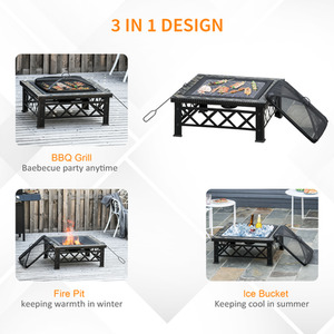 Outsunny 3 in 1 Square Fire Pit Metal - Black by Outsunny