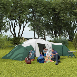 Outsunny 6-9 Man Large Camping Tent with 3 Bedroom, Living Area and Porch - Green by Outsunny