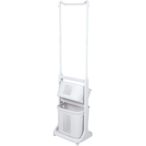 2 Tier Plastic Laundry Baskets with Hanging Rack and Wheels - White by lifeideas
