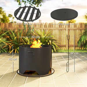 Outsunny Outdoor Round Fire Pit with Lid, Firepit with Fire Poker - Black by Outsunny