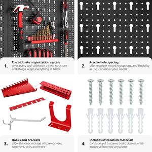 Pegboard - for tools, with 25 hooks and brackets, made of steel - Black/Red by tectake
