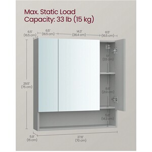 VASAGLE Bathroom Mirror Cabinet - Grey by VASAGLE