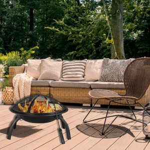 Round Foldable Fire Pit with Cooking Grill - Black by Groundlevel