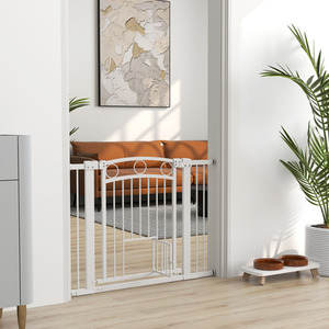 PawHut Stair Gate with Cat Door Adjustable Width 76-104cm - White / 96cm by PawHut