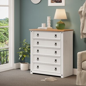 Corona Small 5 Drawer Chest of Drawers - Distressed White Wax by Mercers Furniture
