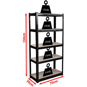 5 Tier Heavy Duty Adjustable Steel Garage Shelving Unit - 875kg Weight Capacity - Black / 30cm by Vida Designs