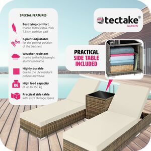 2 Rattan Sunloungers with Table and Protective Cover - Neutral by tectake