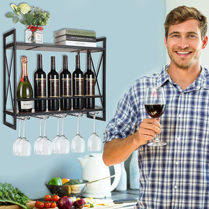 2 Layer Wall Mounted Wine Rack with Stemware Hanger Wall Red Wine Glass Holder - Black by Livingandhome