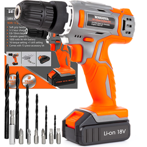 18V Cordless Drill Driver 13 Piece Kit - Orange / Drill and Accessory Kit by Terratek