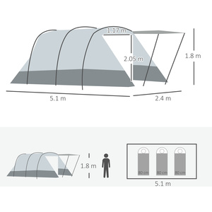 Outsunny Two-room Tunnel Tent Camping Tent with Carry Bag for 6-8 Person - Grey by Outsunny