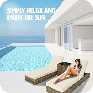 2 Rattan Sunloungers with Table and Protective Cover - Neutral by tectake