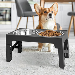 Double Dog Bowl Feeder with Adjustable Foldable Stand - Black / 2x Standard Bowls by Livingandhome