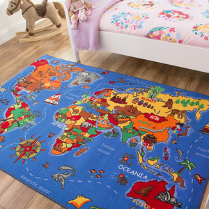 Children's Educational Blue World Map Play Mat Bedroom Rug - Blue / 200 x 95cm by The Rug House