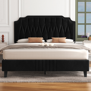 Upholstered Bed Frame with Button-Tufted Headboard - Black / Double by Yaheetech