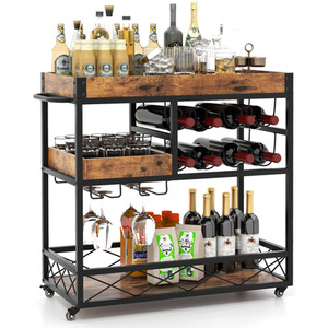 Costway 3-Tier Rolling Bar Cart-Brown - Coffee by Costway