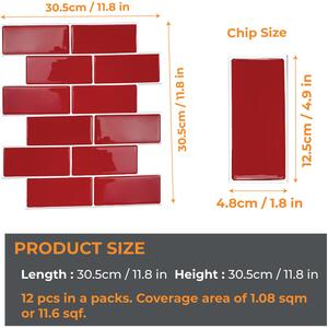 Glossy Retro 3D Backsplash Tile Stickers - Red / 30.5cm / 12 by WALPLUS