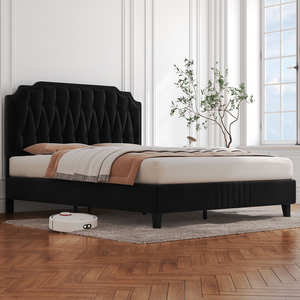 Upholstered Bed Frame with Button-Tufted Headboard - Black / Double by Yaheetech