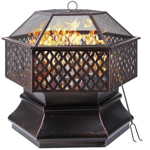 Hexagonal Fire Pit with Grill for BBQ - Bronze