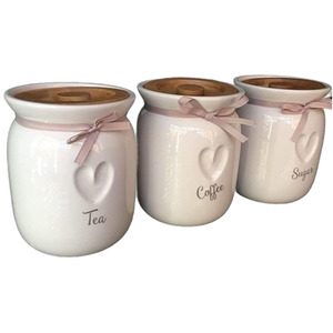Set of 3 Tea Coffee Sugar Ceramic Canisters Engraved Heart Jars - White by DEENZ