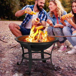 Outdoor Round Fire Pit with Poker and Cover - Black by Yaheetech
