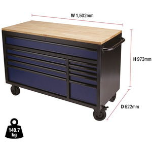 Draper Bunker Roller Workstation with Workbench - Blue / Roller Tool Cabinet, 10 Drawer by Draper