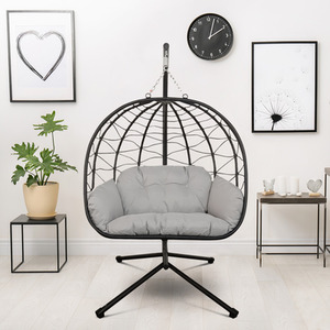 Rattan Effect Swing Egg Chair with Stand - Black / Large by Comfy Living