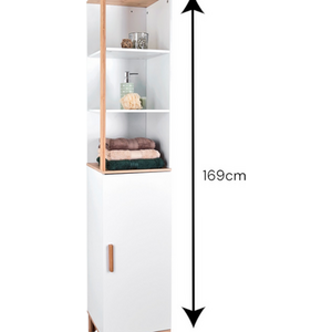 Catania Matt White and Bamboo Tall Boy Cabinet with Display Shelves - White by Showerdrape