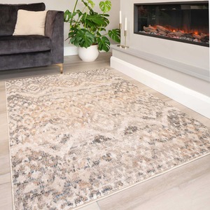 Natural Beige Gold Distressed Diamond Geometric Living Area Rug by The Rug House