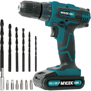 Mylek 18V Cordless Drill Li-Ion Screwdriver Set and 13 Piece Combi Accessory Kit - Blue/Black by Mylek