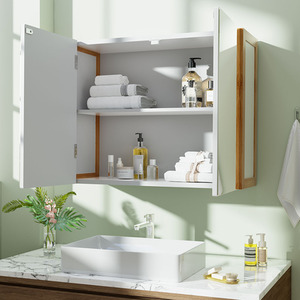 Bamboo-Framed Wall-Mounted Bathroom Mirror Cabinet - White by Livingandhome