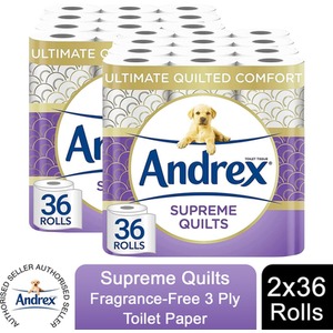 Andrex Supreme Quilts Toilet Rolls Fragrance-Free 3 Ply and Super Soft - 72 Rolls / x72 by Andrex