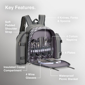 4 Person Picnic Backpack with Dining Set - Grey by VonShef