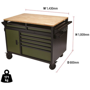Draper Bunker Roller Workstation with Workbench - Green / Roller Tool Cabinet, 14 Drawer by Draper