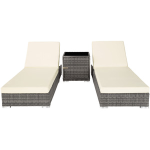 2 Rattan Sunloungers with Table and Protective Cover - Grey by tectake
