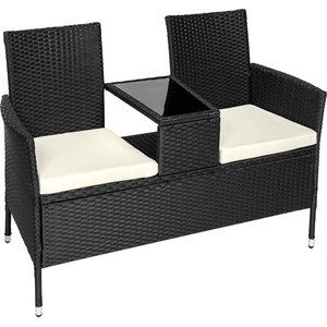 Garden Bench Love Seat with Table Poly Rattan - Black/Beige by tectake