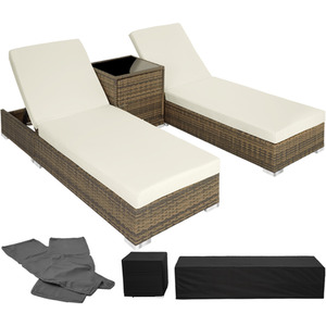 2 Rattan Sunloungers with Table and Protective Cover - Neutral by tectake