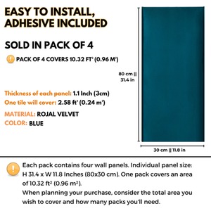 Velvet Wall Panels 4 Pack with Adhesive - Anti-Collision Wall Mounted Headboards - Blue by NOVECRAFTO