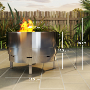 Outsunny Fire Pit with Grill Net, Stainless Steel Firepit with Poker - Silver by Outsunny