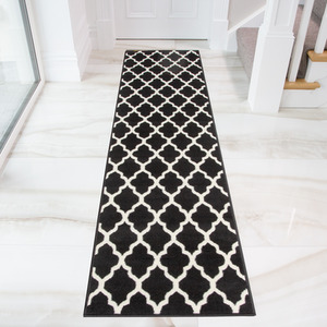 Black White Monochrome Classic Trellis Living Room Rug - Black / 240 x 60cm by The Rug House