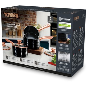 Linear Rose Gold 3 Piece Saucepan Set - Black by Tower