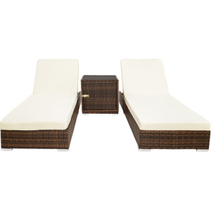 2 Rattan Sunloungers with Table and Protective Cover - Brown by tectake