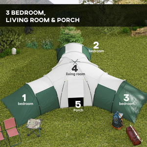 Outsunny 6-9 Man Large Camping Tent with 3 Bedroom, Living Area and Porch - Green by Outsunny