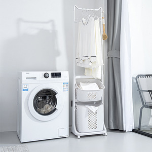 2 Tier Plastic Laundry Baskets with Hanging Rack and Wheels - White by lifeideas