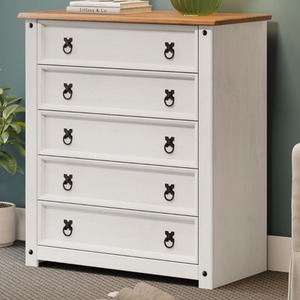 Corona Small 5 Drawer Chest of Drawers - Distressed White Wax by Mercers Furniture