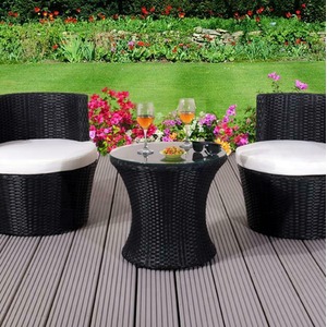 3 Piece Rattan Bistro Stackable Garden Furniture Set With Cover - Black