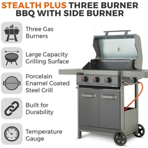 Stealth Plus Three Burner BBQ with Side Burner - Grey by Tower