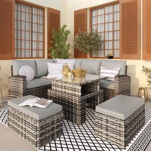 9 Seater Grey Rattan Corner Sofa Set With Square Lift-Up Dining Table - Mixed Grey by Furniture Maxi